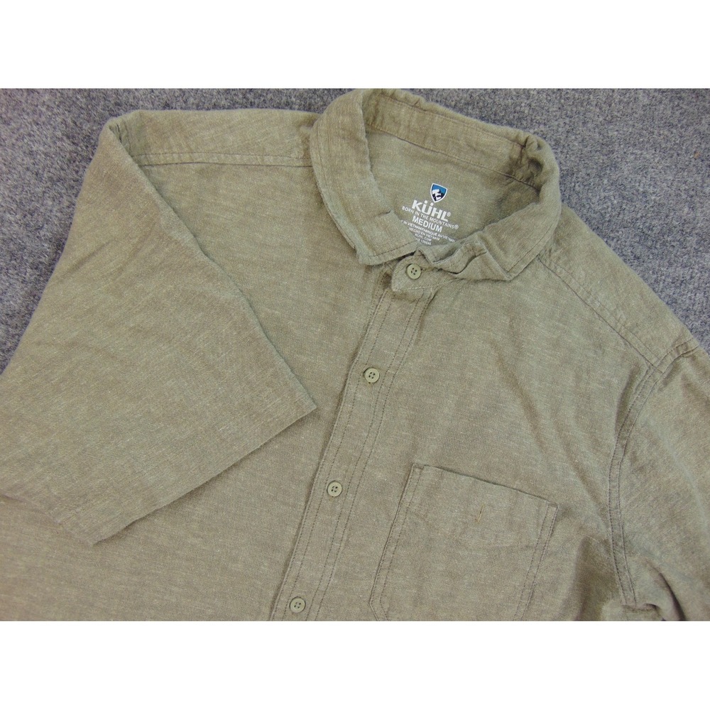 Kuhl Shirt Mens Medium Short Sleeve Button Up Green Solid Hiking Gorpcore Casual